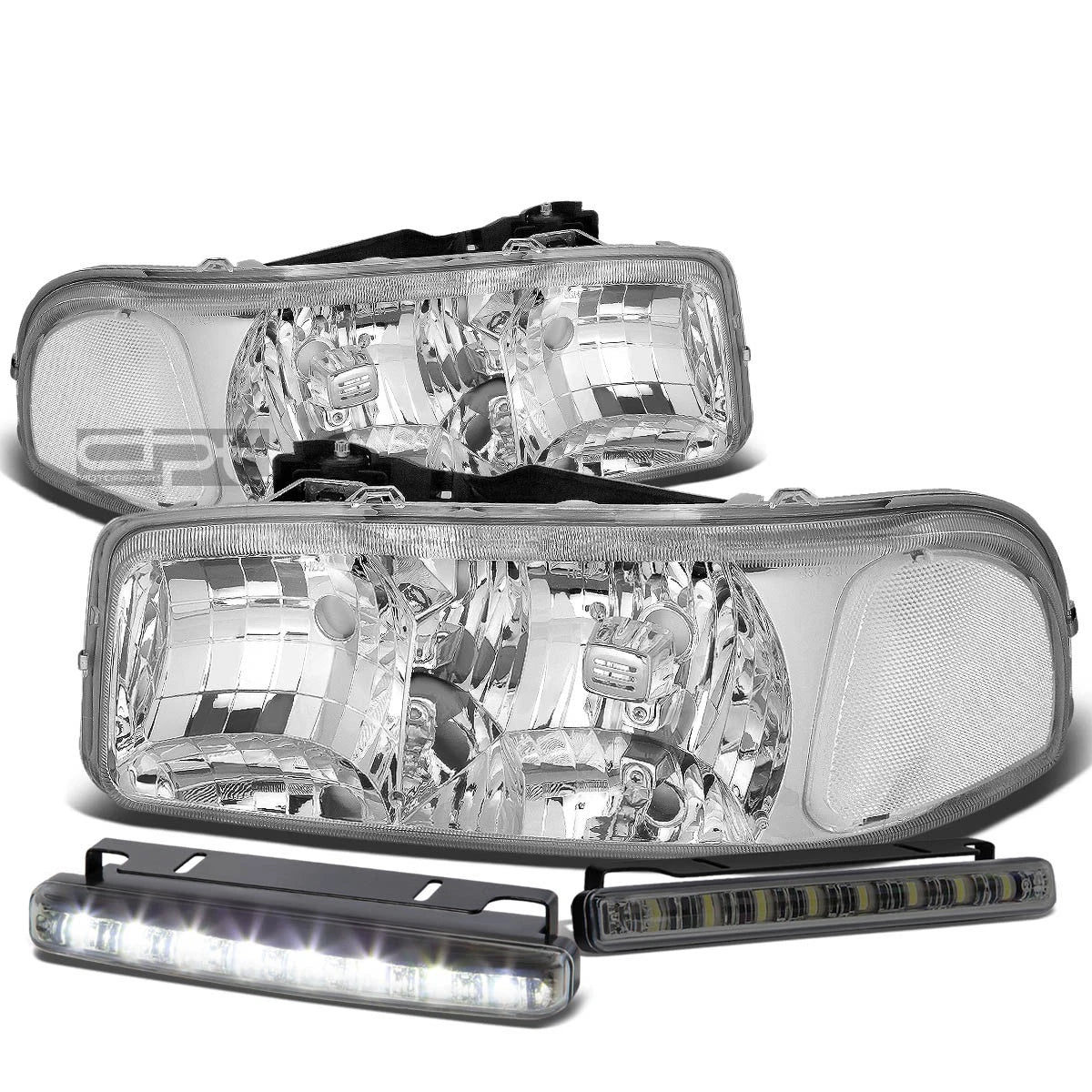 Chrome Housing Headlight + Clear Corner + Smoke LED Fog Light Kit for GMC Sierra/Yukon (1999–2006)