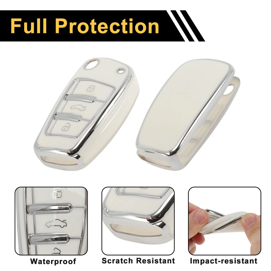 Flip Key Case for Audi A1 (2010–2018) - White Silver Tone TPU Silicone