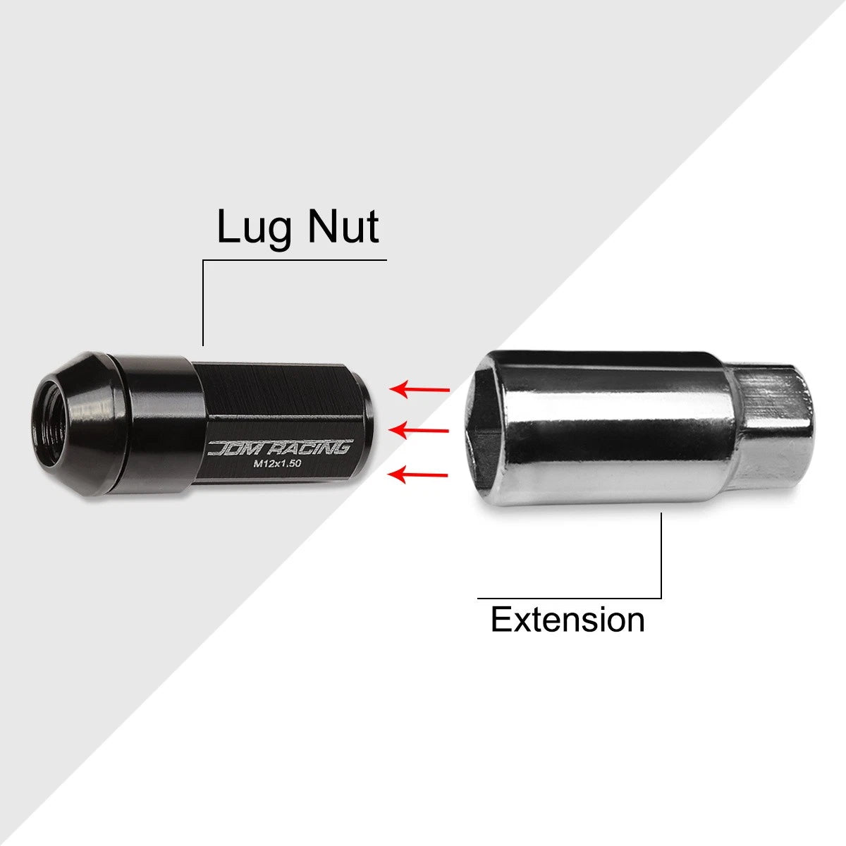 Set of 20 M12X1.5 Black JDM Cone Seat Hex Wheel Lug Nuts with Cap & Extension