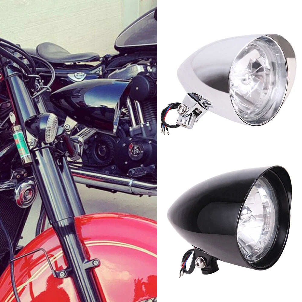 Ultima Black Chrome Tri Bar Bullet Headlight for Harley Softail Dyna