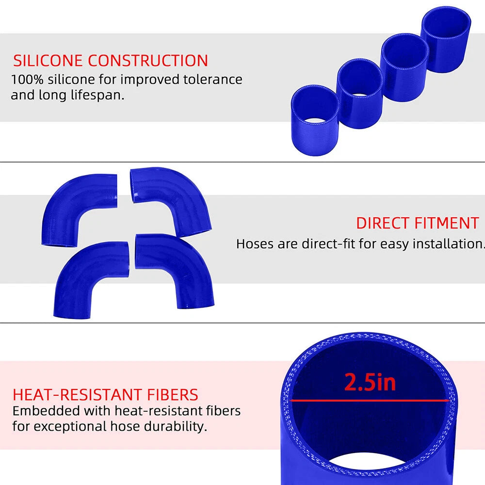 12Pcs 2.5" Intercooler Pipe Kit with Clamps & Blue Silicone Couplers Universal