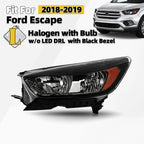 Black Halogen Headlight for Ford Escape (2018–2019) Left Driver Side