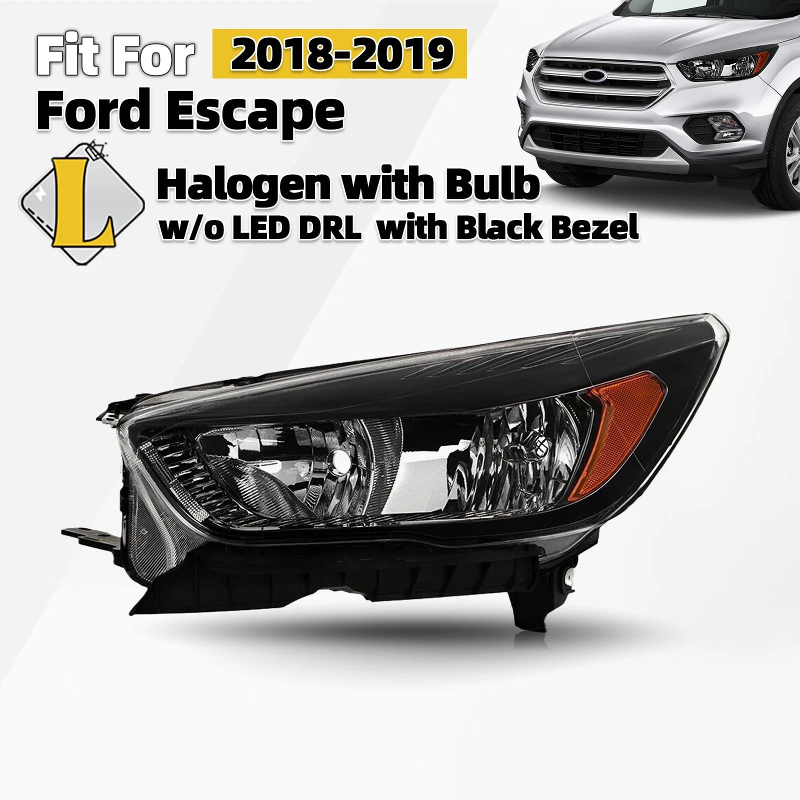 Black Halogen Headlight for Ford Escape (2018–2019) Left Driver Side
