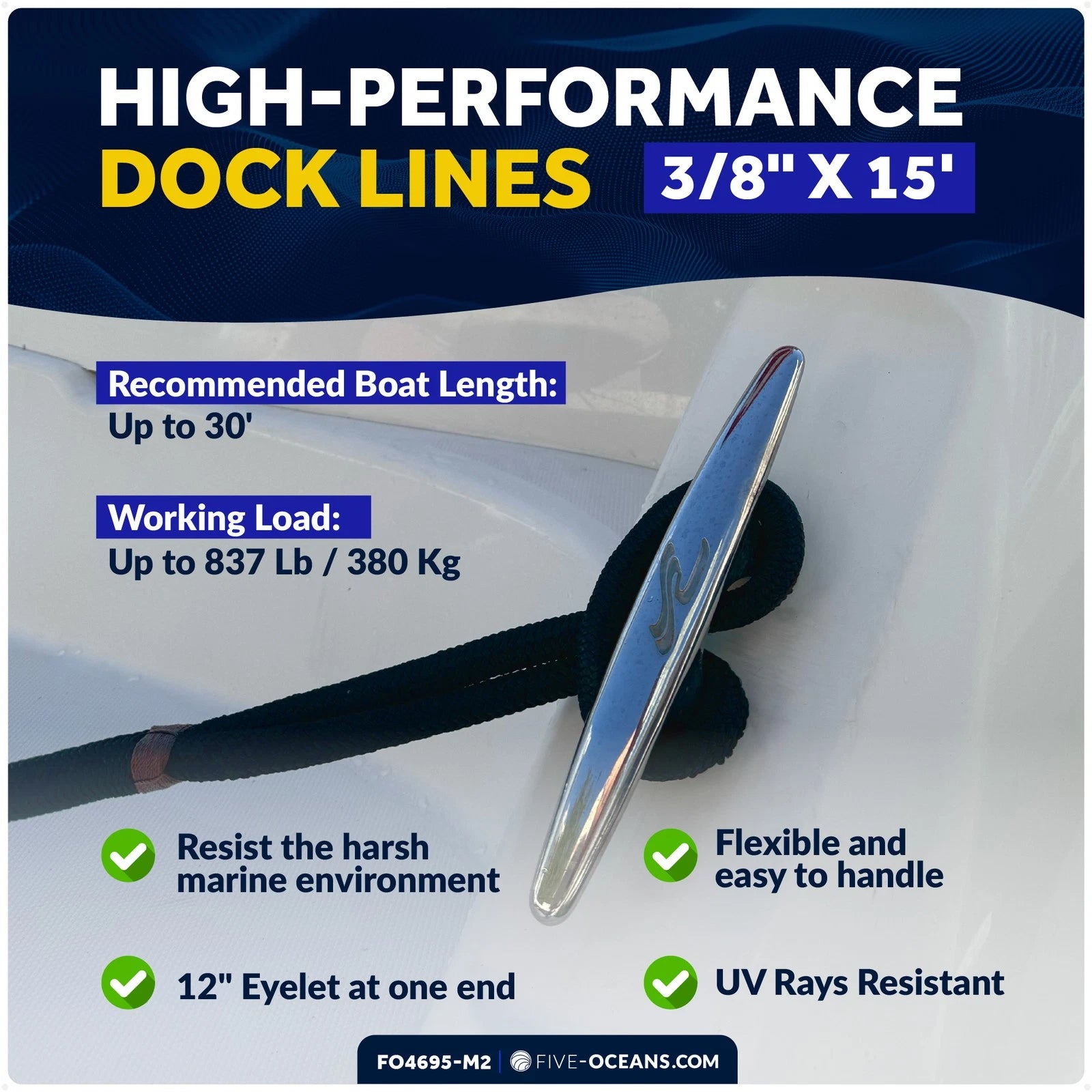 8-Pack 3/8" x 15' Boat Dock Lines with 12" Eyelet Navy Blue Nylon