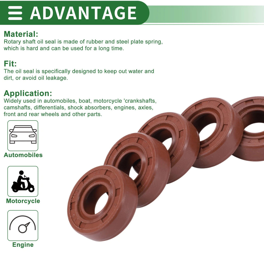 Set of 5 Oil Seals 10x22x7mm for Rotary Shaft (Fluorine Rubber)