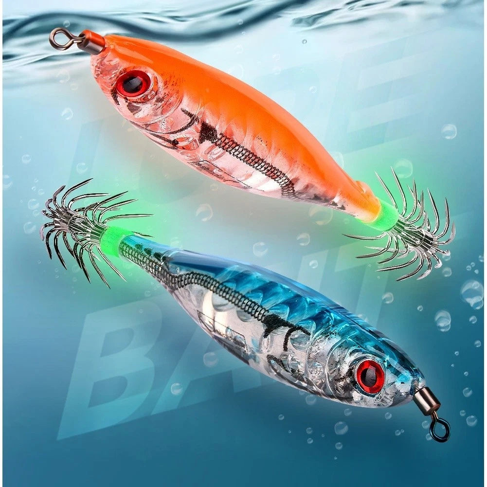 Fishing Bait Squid Lure Set of 5 with Fluorescent Hooks for Night Use
