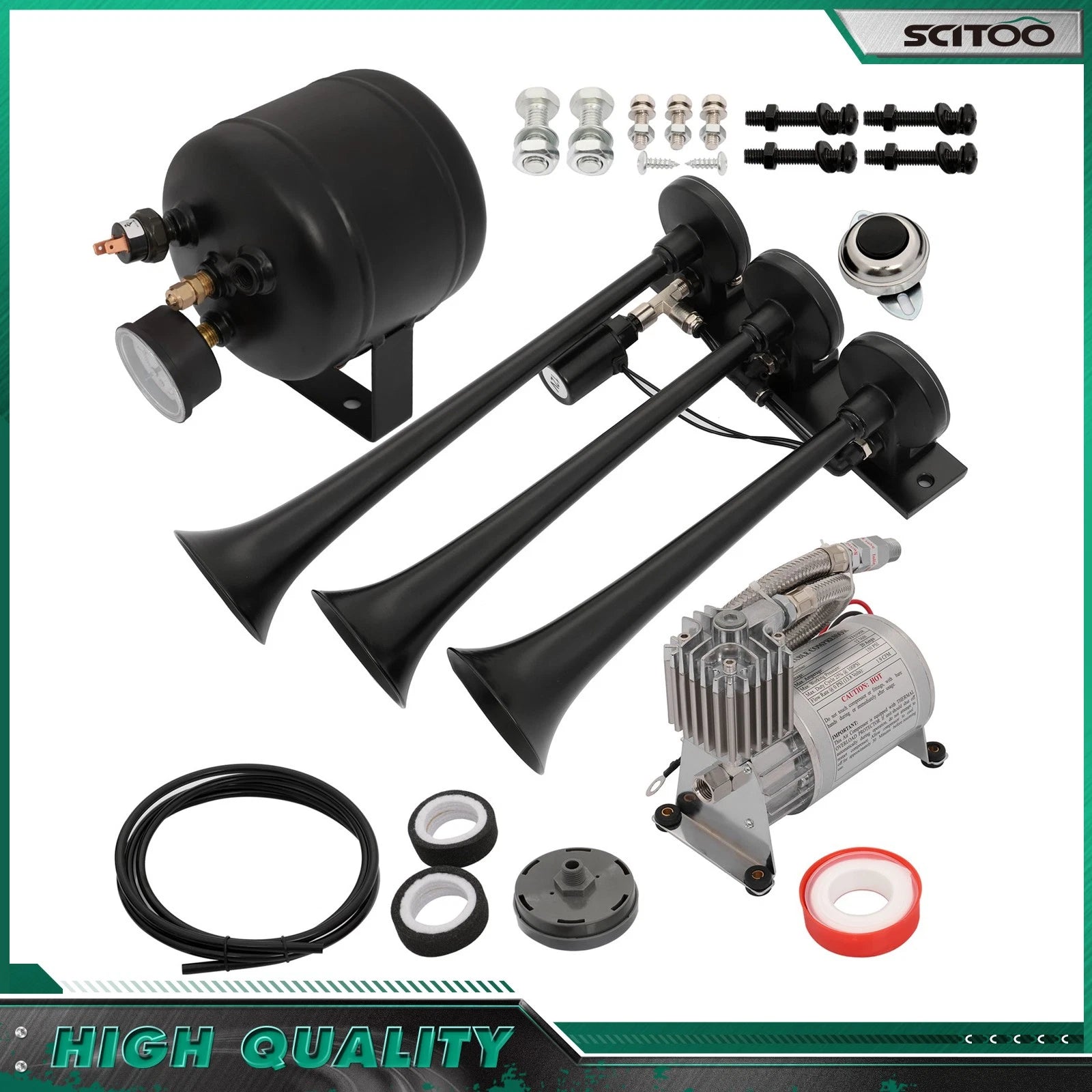 150PSI Air Horn Kit with 3 Trumpets for Truck Van Train (0.5G Tank)