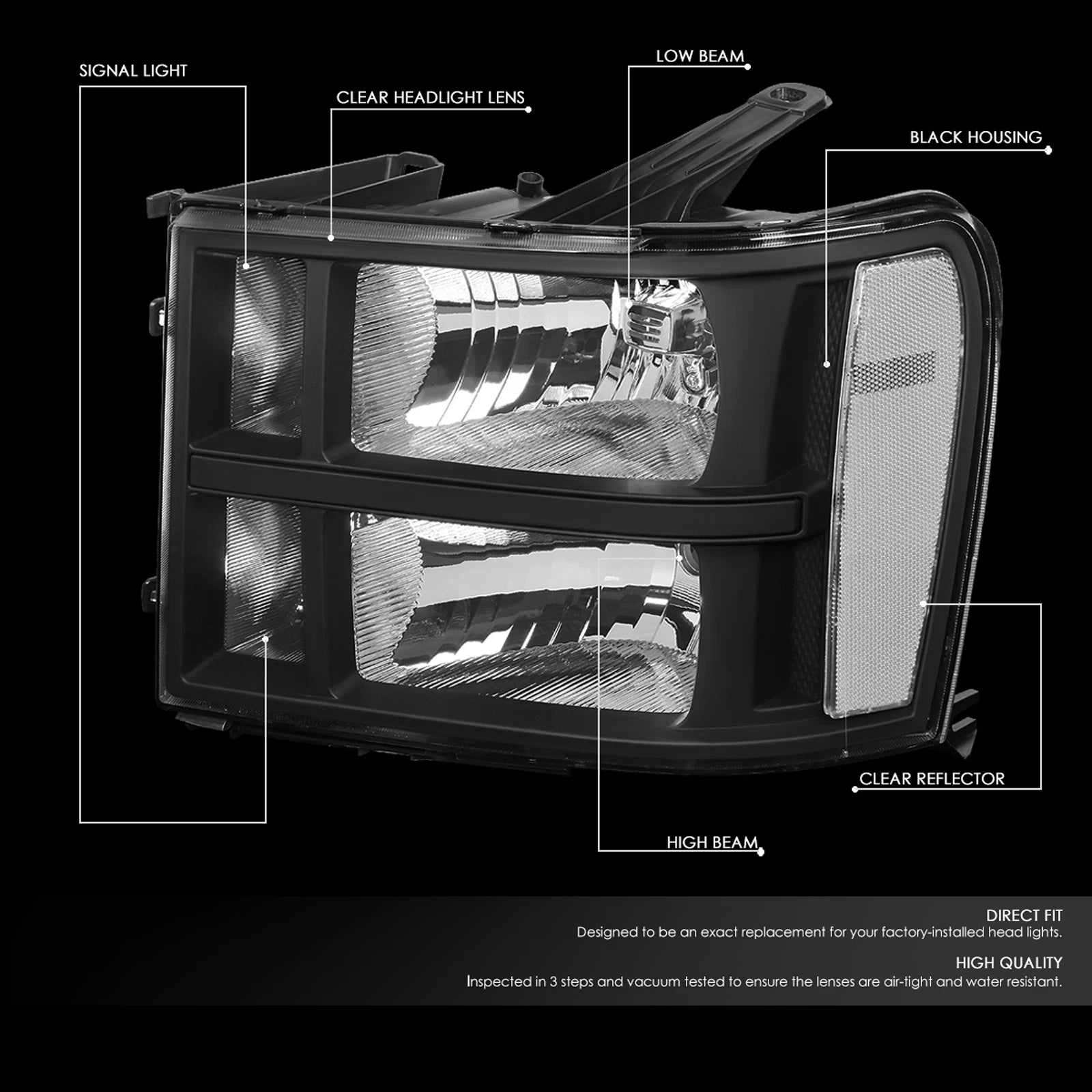 Factory Style Headlight Lamps for GMC Sierra 1500 2500 3500 (2007–2014) Black/Clear