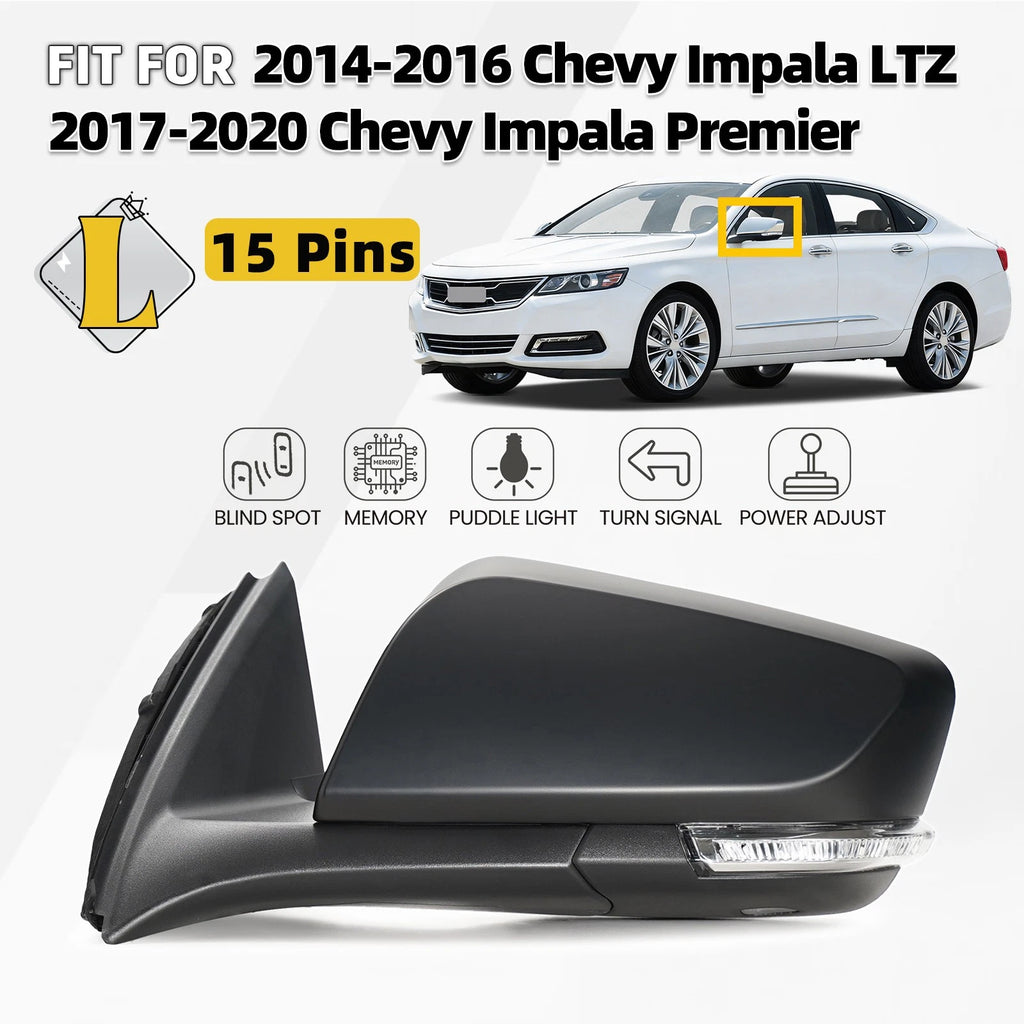 Left Side Mirror for Chevy Impala (2014–2020) w/Memory, BSD, Turn Signal, 15 Pins