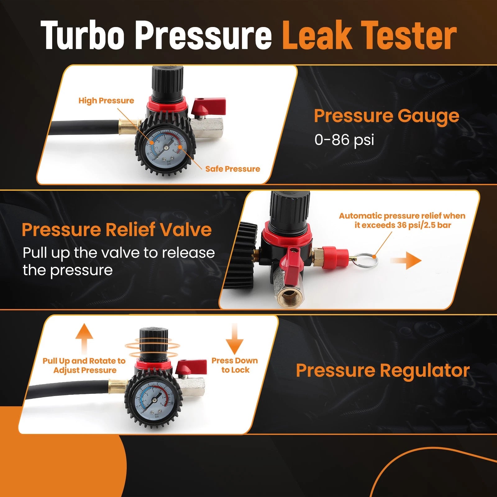Turbo System Leakage Tester Set of 4 with 35, 40, 45 mm Stepped Adapters