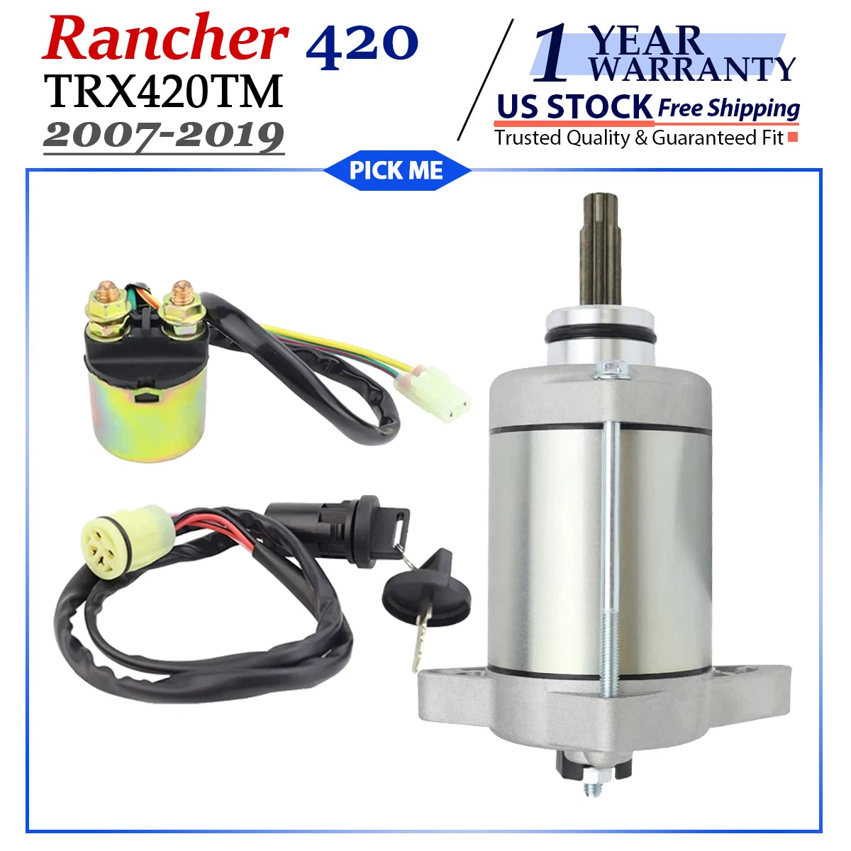 Starter Motor for Honda Rancher 420 TRX420TM (2007–2019) with Relay & Key Switch