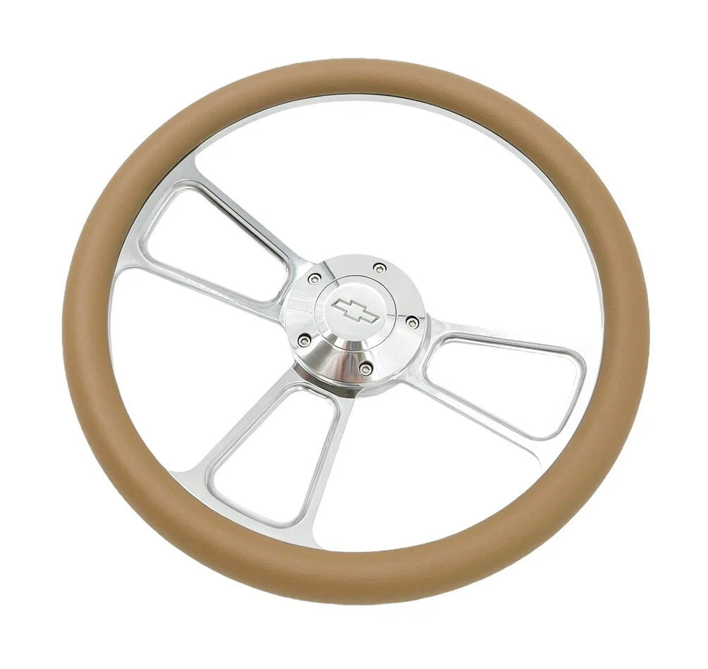 Billet Steering Wheel with Tan Wrap and Chevy Bowtie Horn for 14 Inch