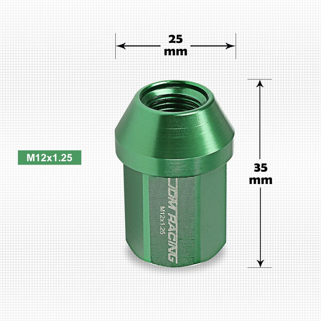 20Pc M12X1.25 Green JDM Closed End Acorn Hex Wheel Lug Nuts + Extension 25mmx35mm