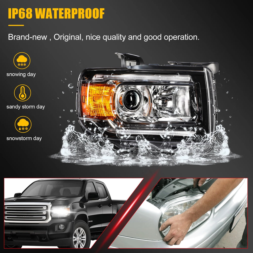 2Pcs Projector Headlights with DRL for GMC Canyon (2015–2022) Black Housing