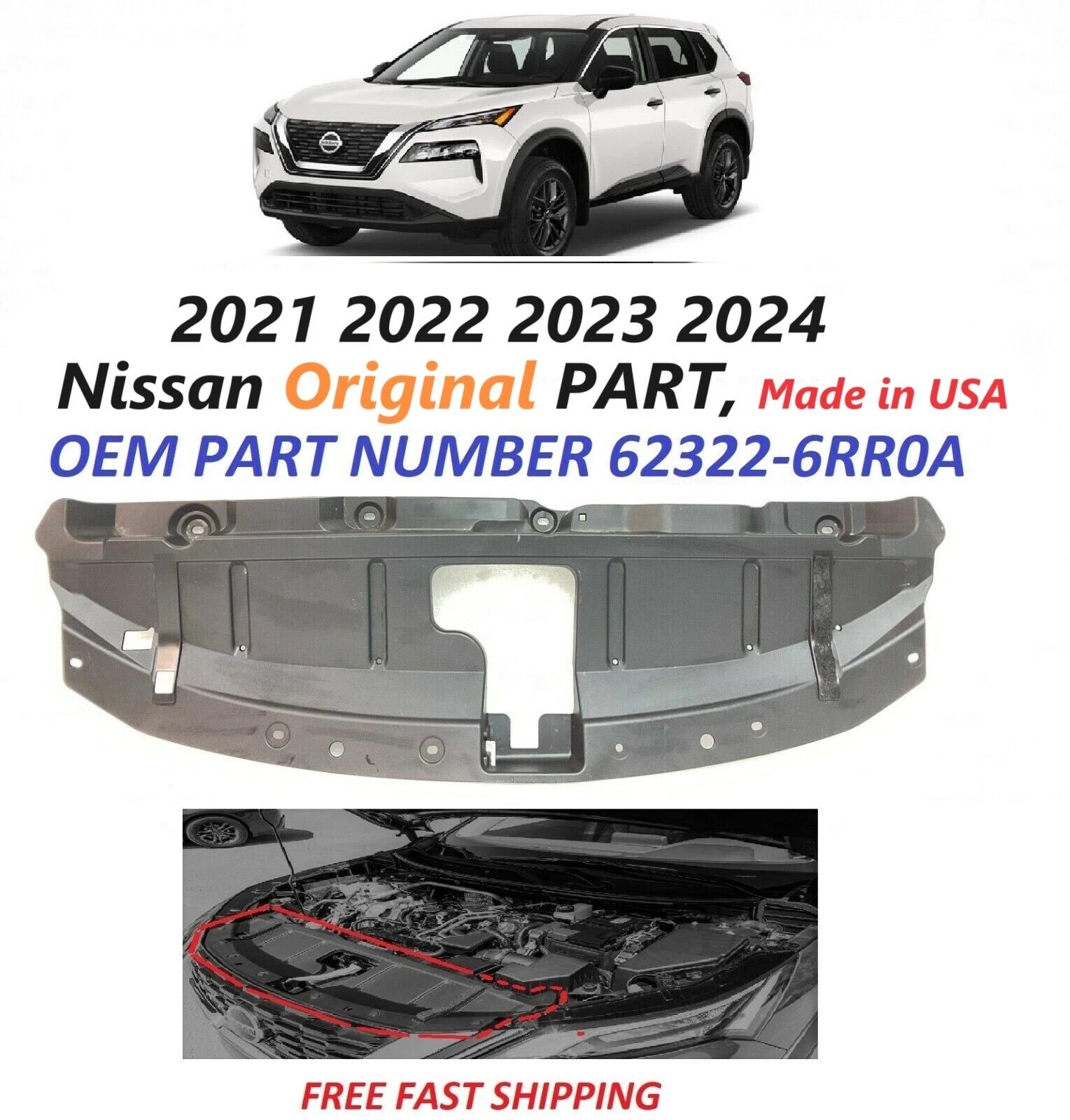 Front Upper Radiator Support Shield for Nissan Rogue (2021–2024) 62322-6RR0A