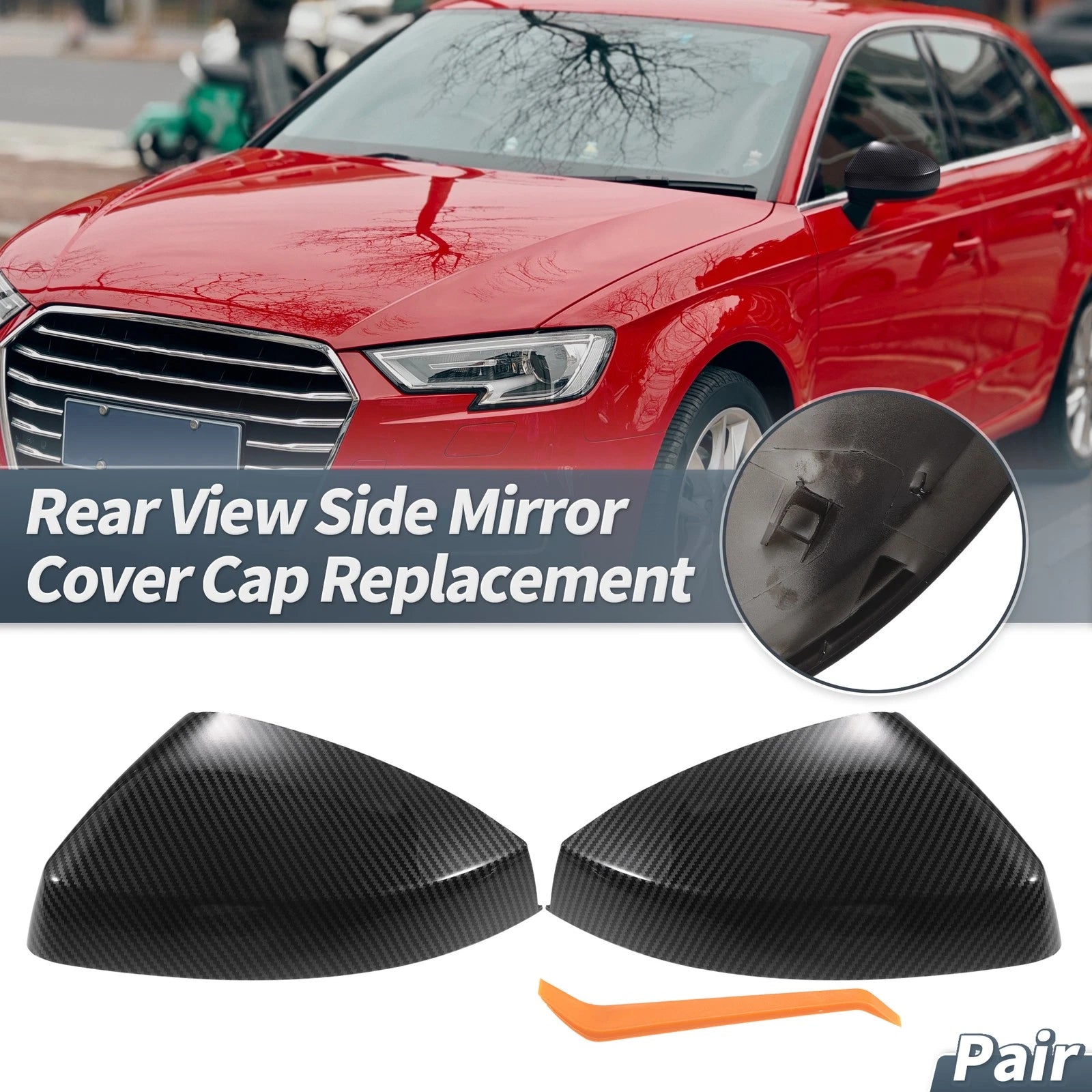 1 Pair Rearview Mirror Cover Cap Black Carbon Fiber for Audi A3 S3 RS3 (2013–2020)