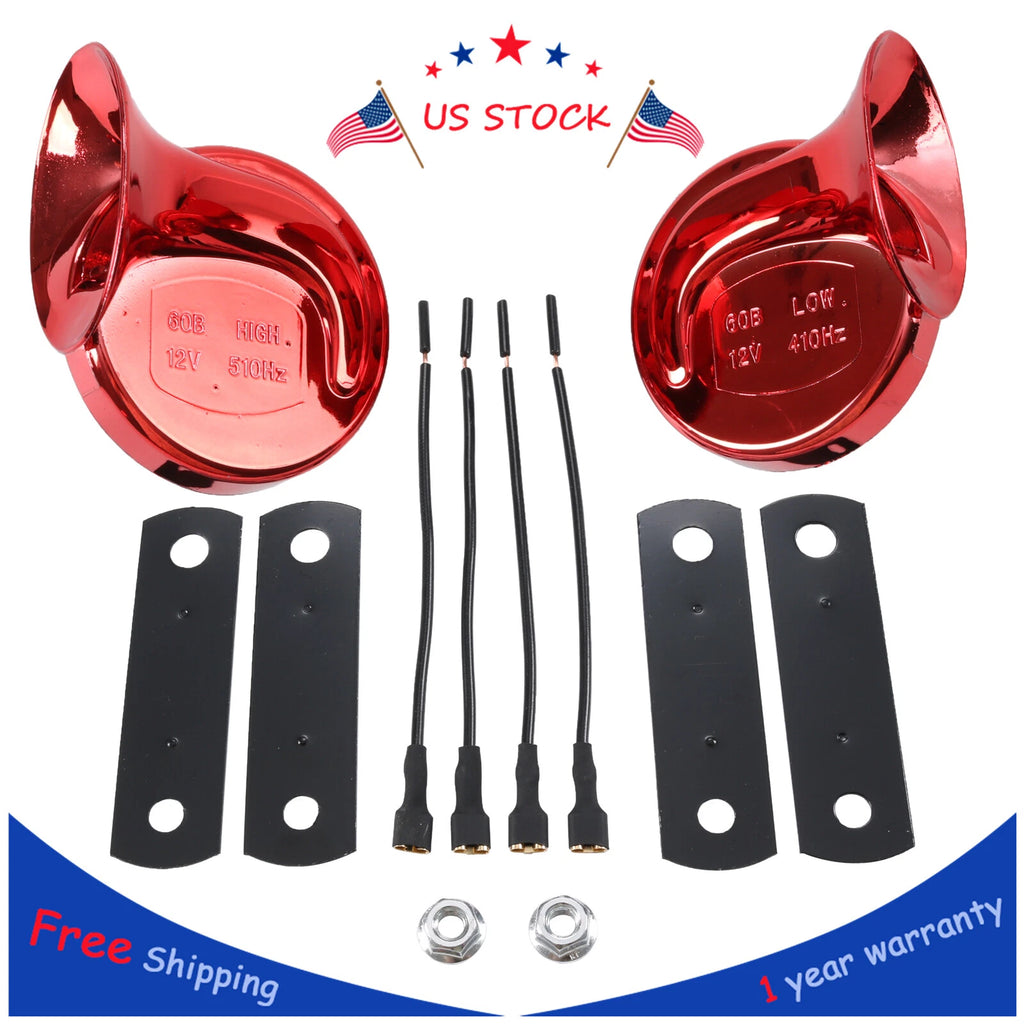 Pair Red Waterproof Car Horns for Universal Fit (12V)
