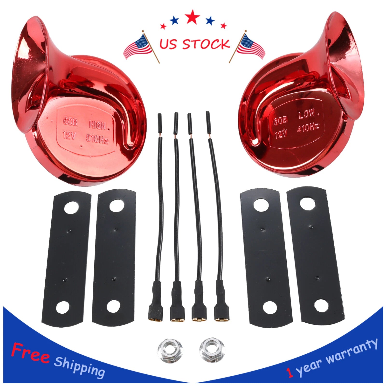 Pair Red Waterproof Car Horns for Universal Fit (12V)