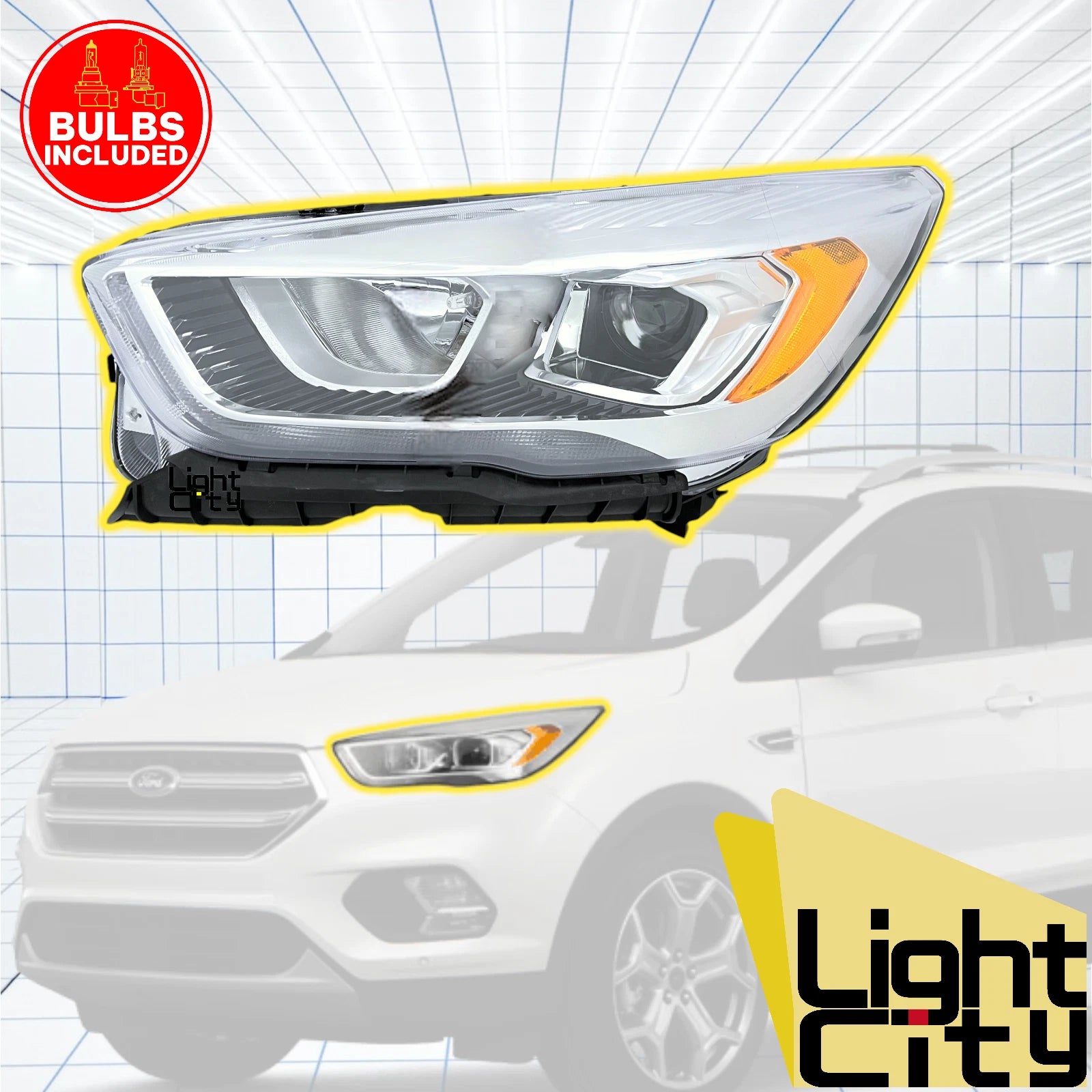 Driver Halogen Headlight for Ford Escape (2017–2019) LH with LED DRL, Chrome
