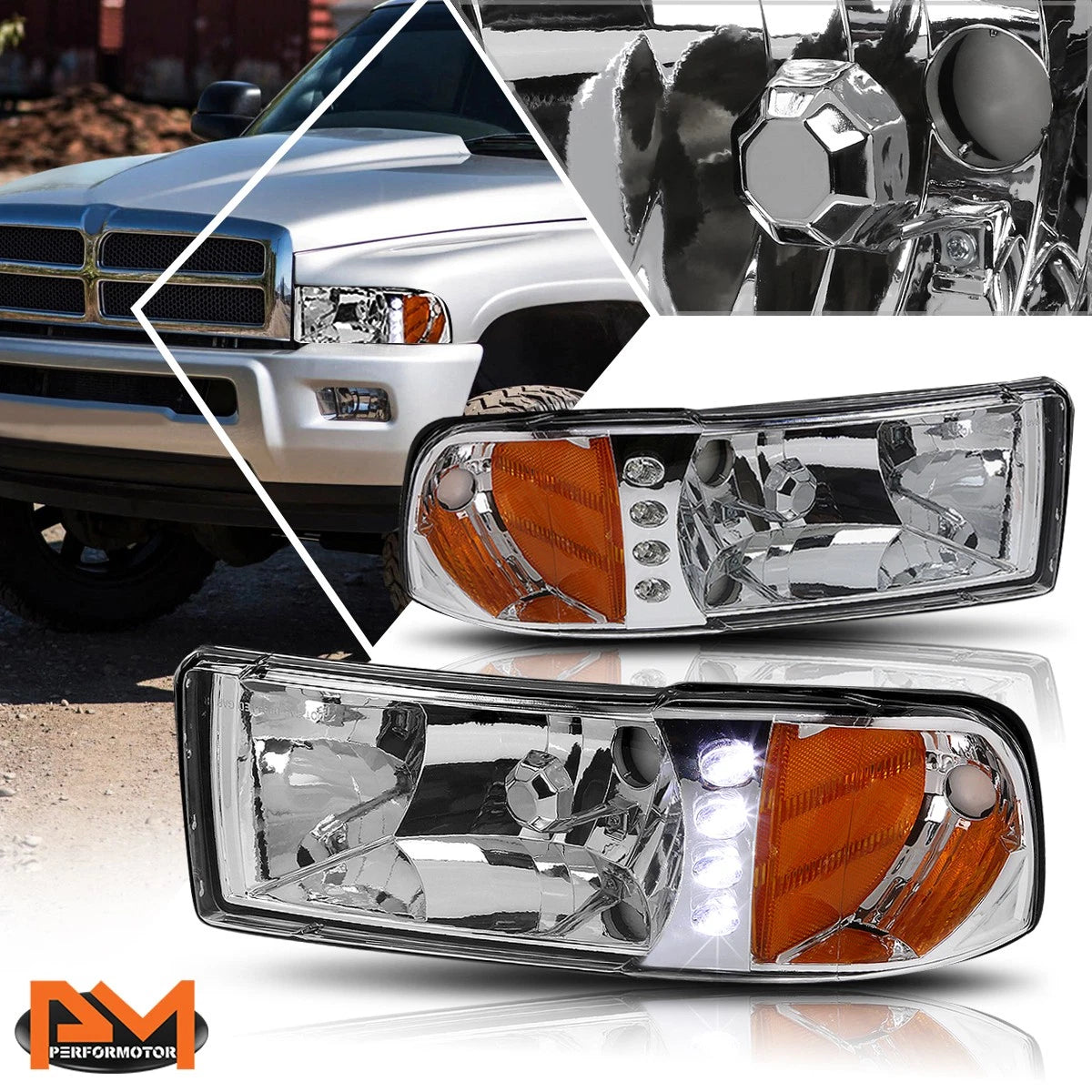 LED DRL Headlight/Lamp for Dodge Ram 1500-3500 (1994–2002) Chrome Housing