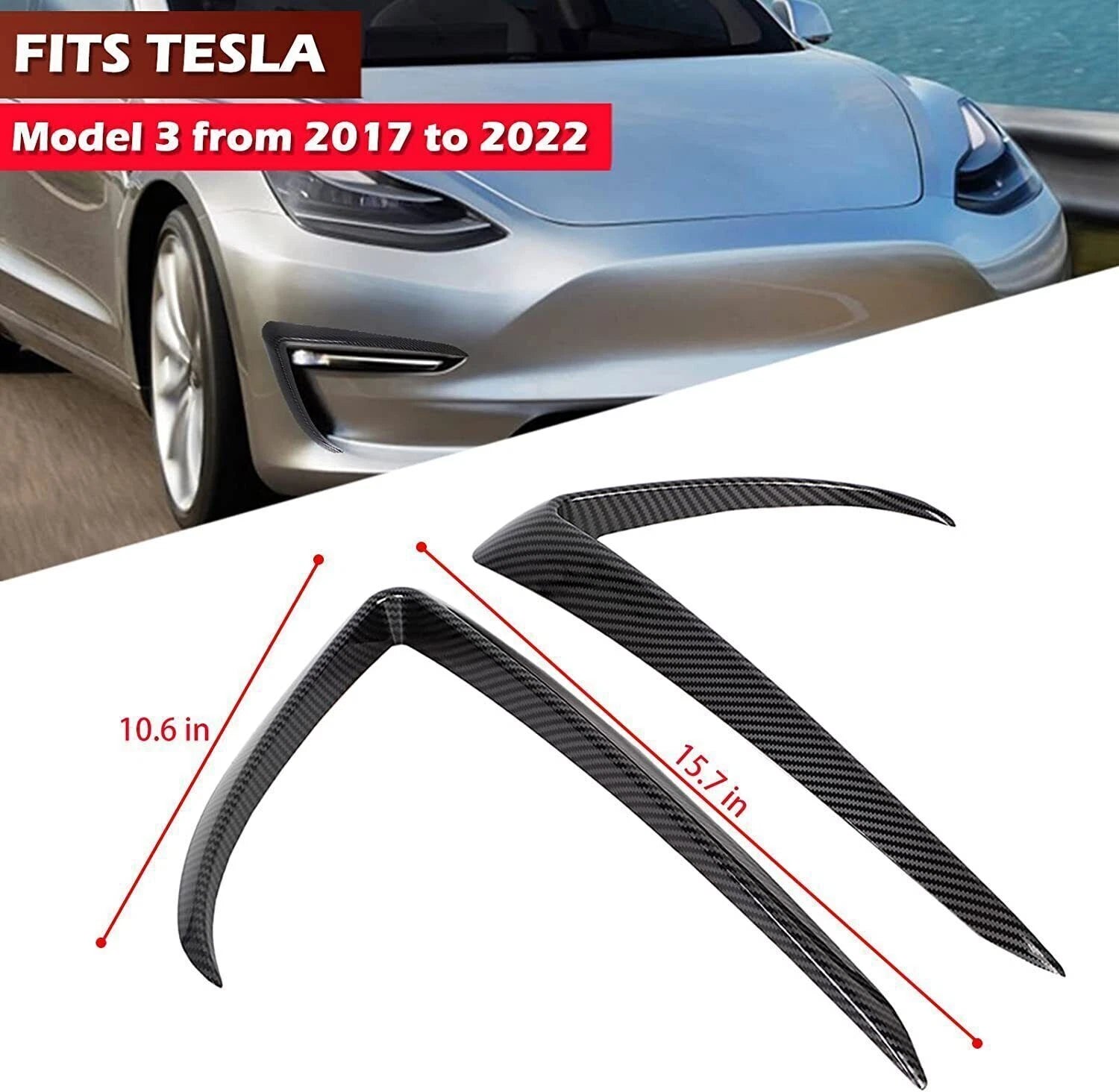 Set of 2 Black Front Fog Light Eyebrow Cover Trim for Tesla Model 3 (2017–2022)