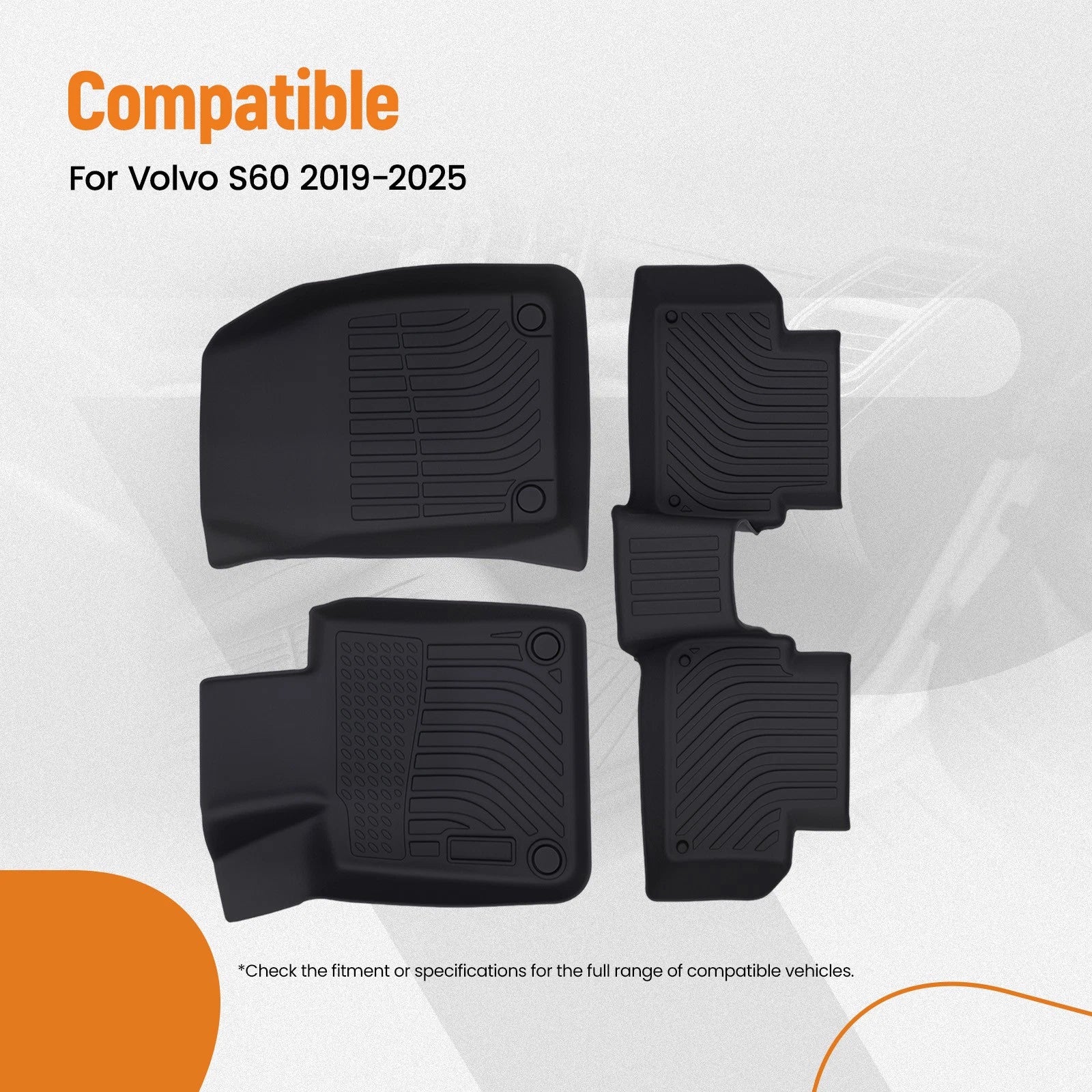 Set of 4 Black Waterproof TPE Floor Mats for Volvo S60 (2019–2025)