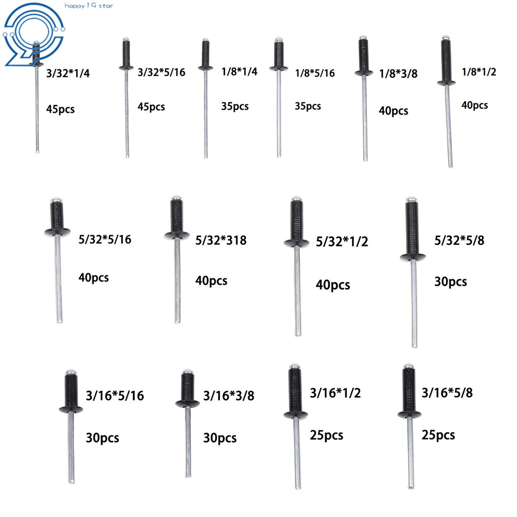 Set of 500 Black Rivets for Automotive Applications (Various Sizes)