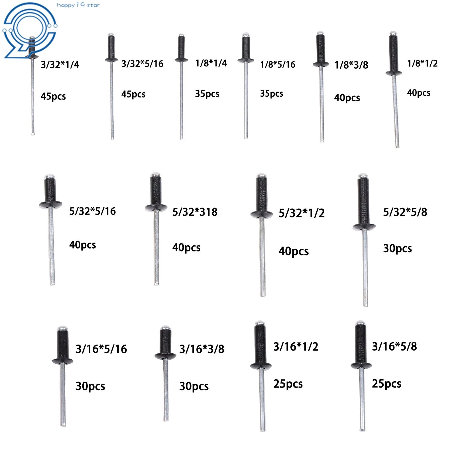 Set of 500 Black Rivets for Automotive Applications (Various Sizes)