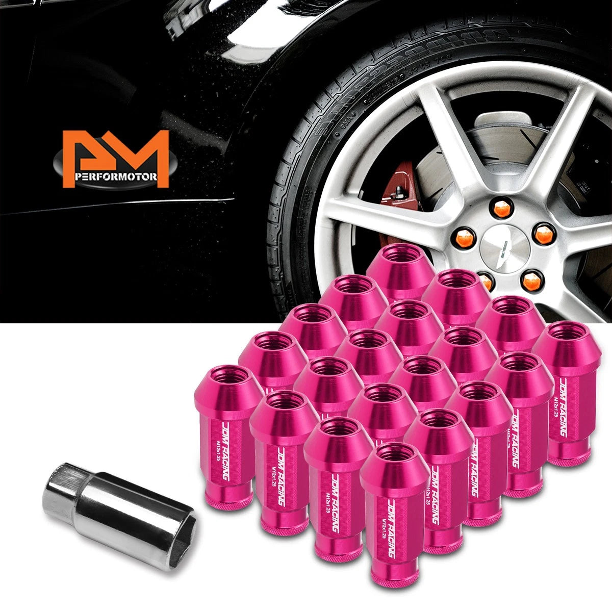 20Pc M12X1.25 Pink JDM Open-End Acorn Hex Wheel Lug Nut + Extension 25mmx50mm