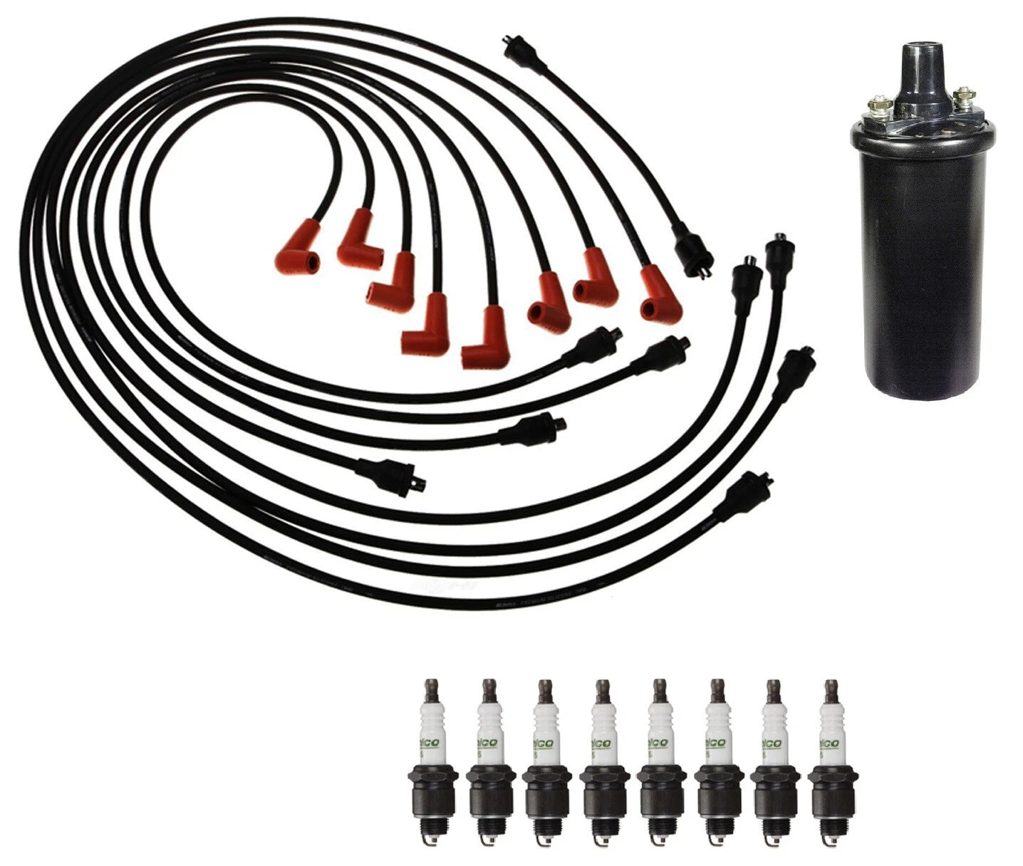 Ignition Wires & Spark Plugs Kit for Checker Chevy Biscayne V8 (1 Coil, 8 Plugs)