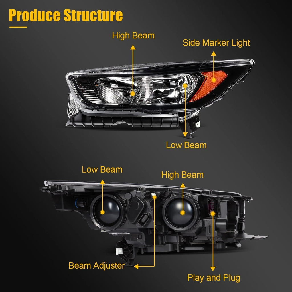 Headlight Pair for Ford Escape (2018–2019) Black Reflector with Bulbs