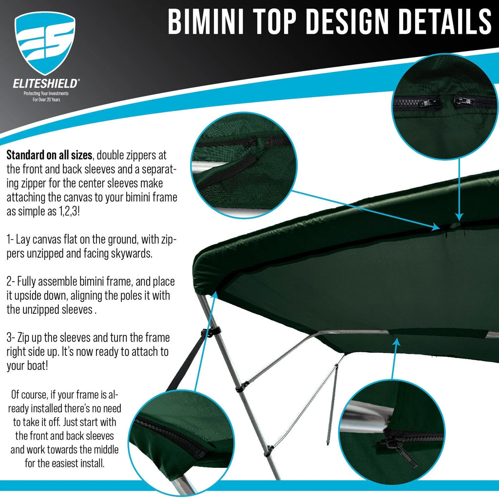 Bimini Top Boat Cover for 3 Bow (72"L 67"-72"W) 600D Green Canvas