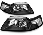 Headlight Assembly Lamps Pair for Ford Mustang (1999–2004) Black Housing Clear Lens