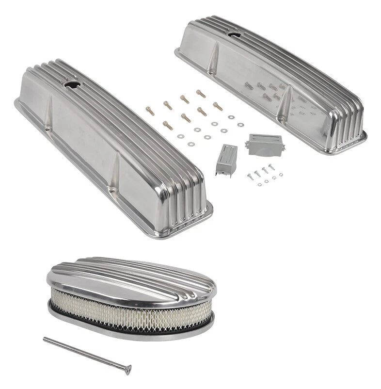 Set of 2 Tall Finned Valve Covers & 12" Oval Air Cleaner for SBC Chevy (1958–1986)