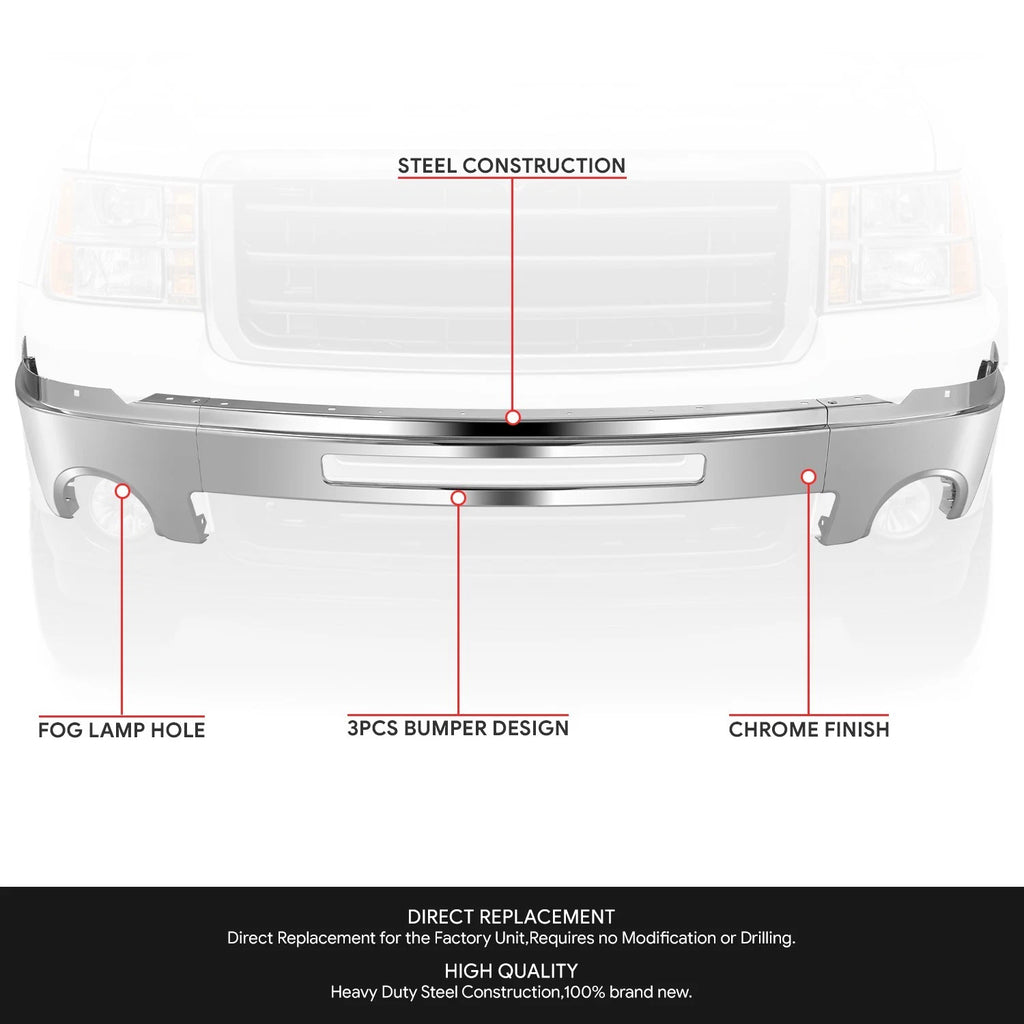 Front Bumper Face Bar for GMC Sierra 1500-3500 HD (2007–2013) w/Fog Light & Tow Hole