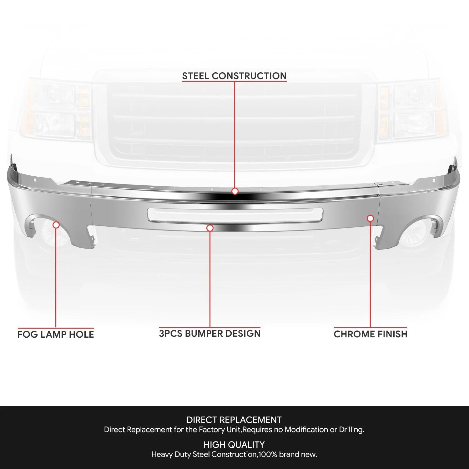 Front Bumper Face Bar for GMC Sierra 1500-3500 HD (2007–2013) w/Fog Light & Tow Hole