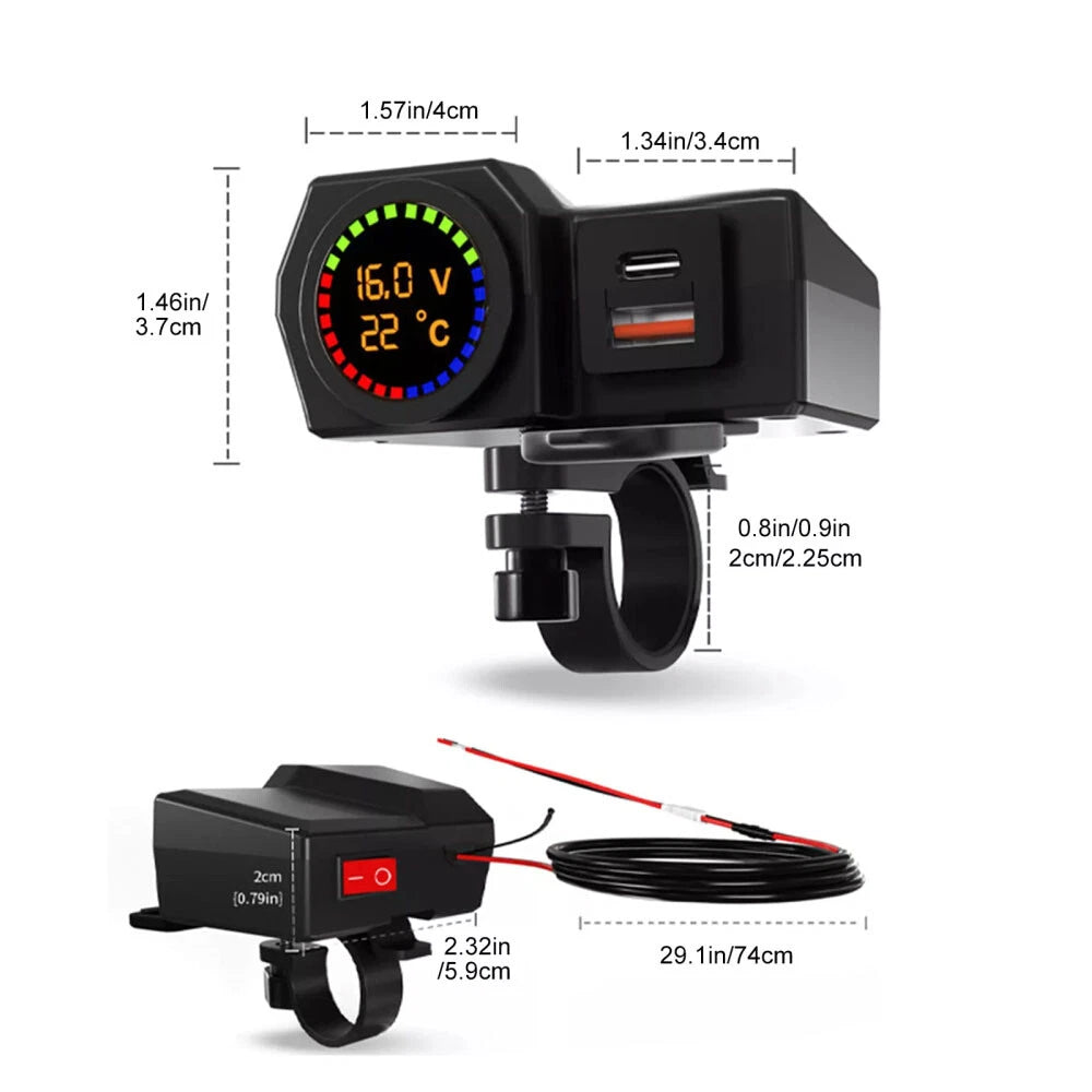 Dual USB Fast Charger Adapter QC 3.0 Type-C for Motorcycle (LED, Waterproof)