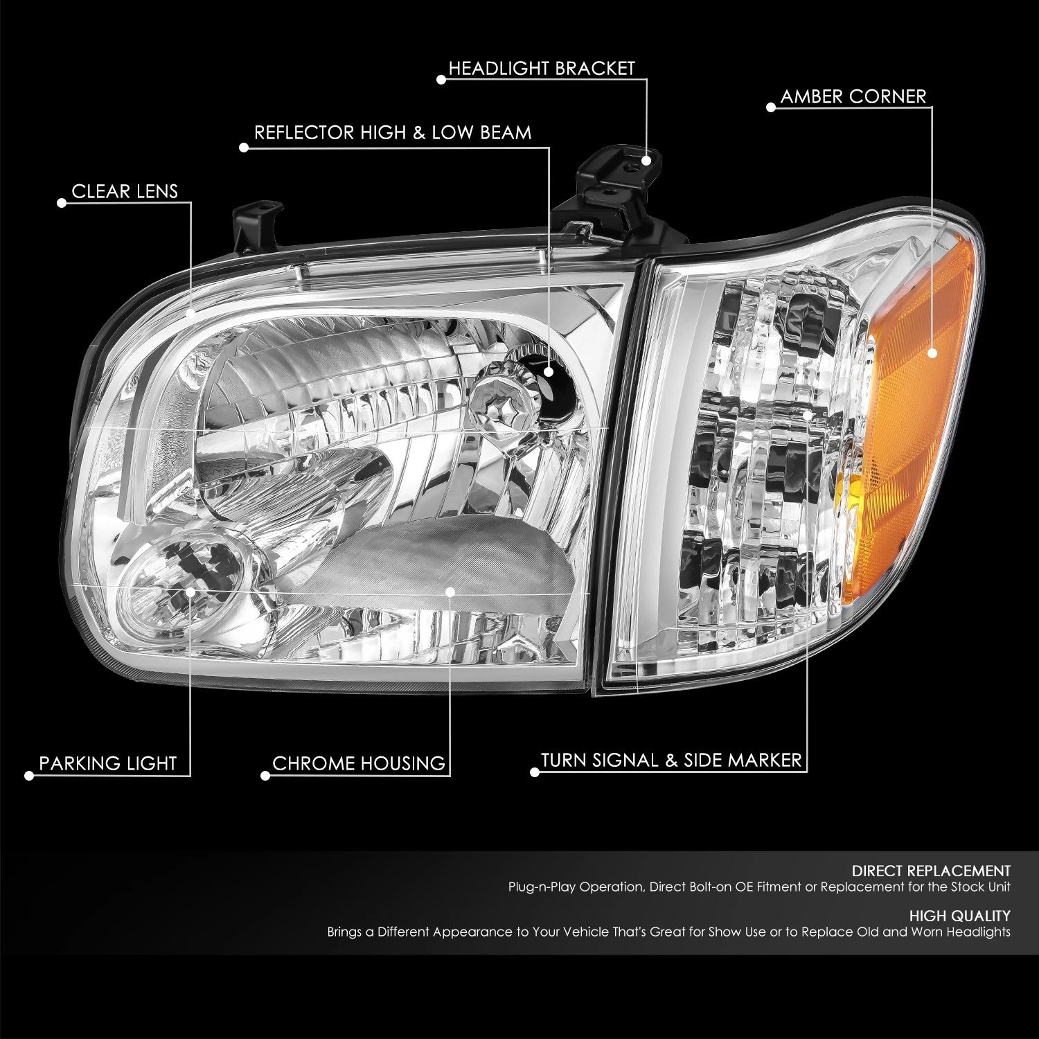 Factory Style Chrome Housing Headlights for Toyota Sequoia/Tundra (2005–2007)