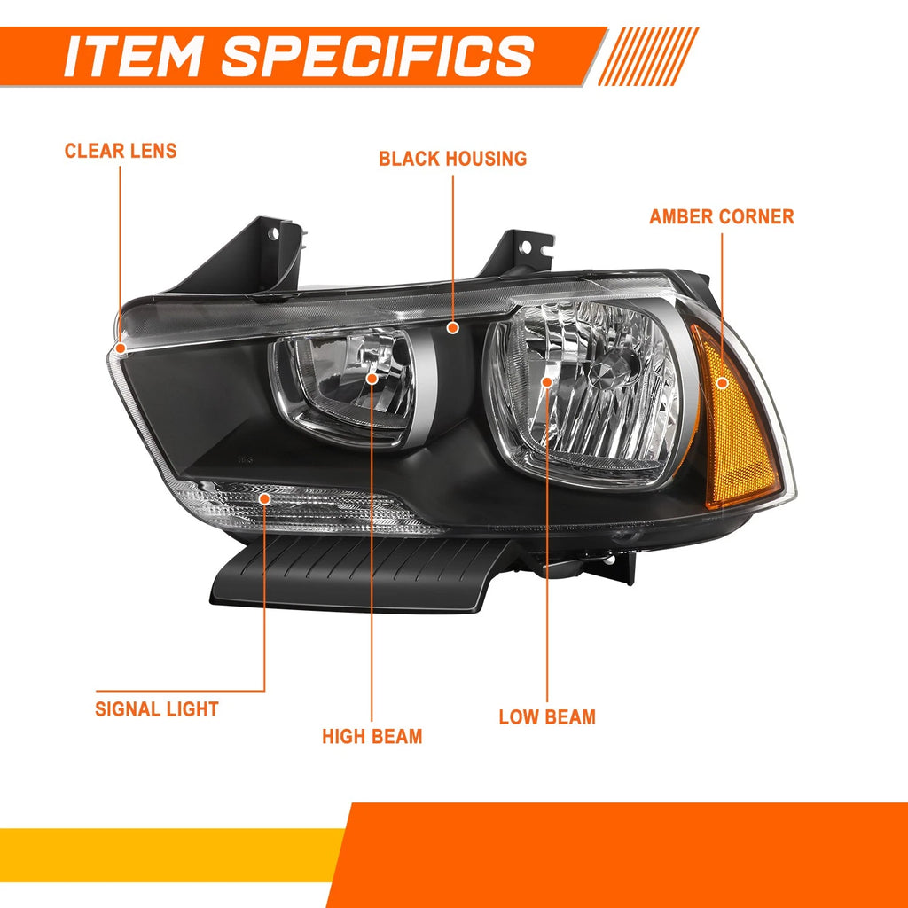 Headlight Set for Dodge Charger (2011–2014) Black Housing Amber Corner