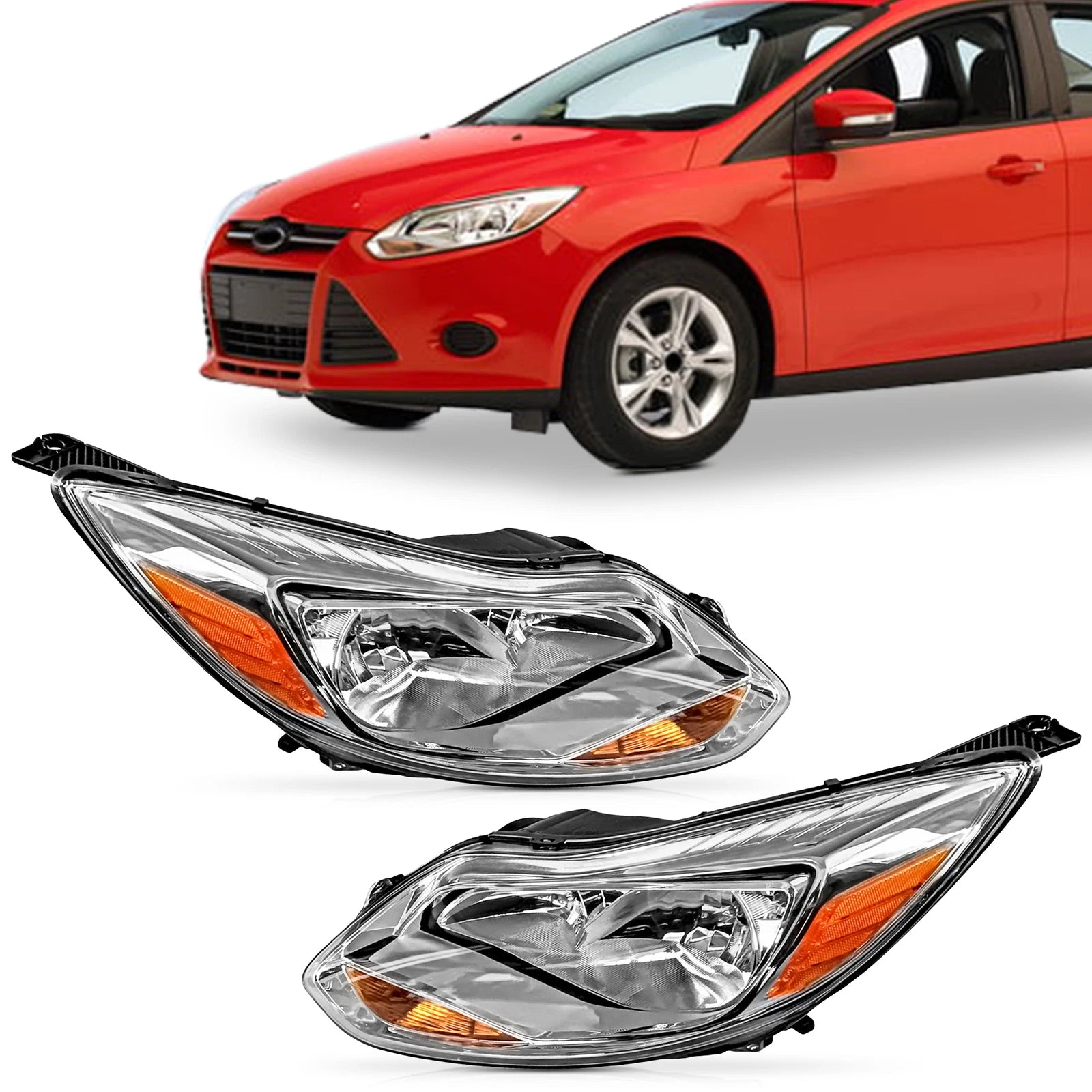 Set of 2 Chrome Headlights for Ford Focus Sedan Hatchback (2012–2014)