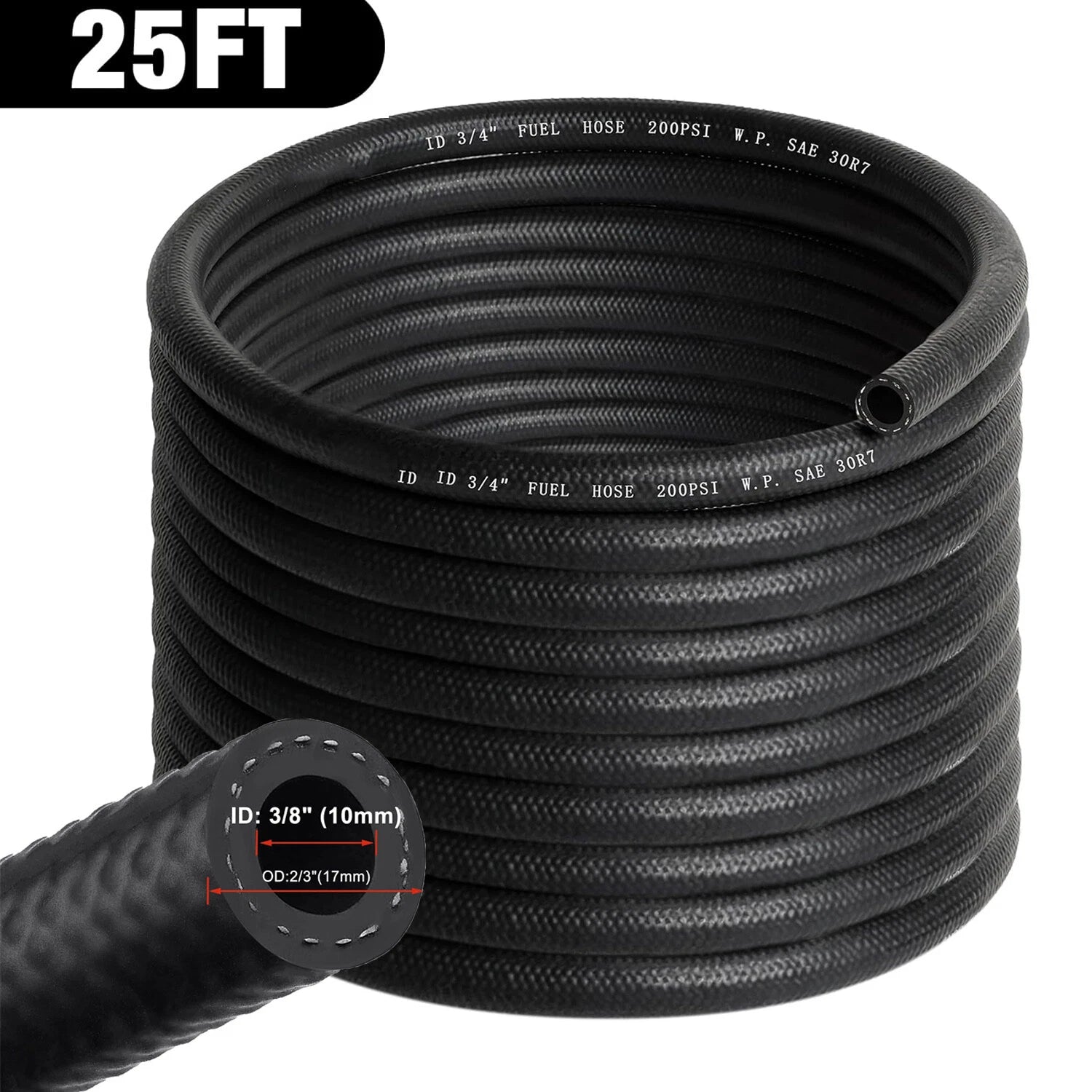 10mm (3/8") ID Fuel Line Hose for 25FT (NBR) Push-On 300PSI Black (—)