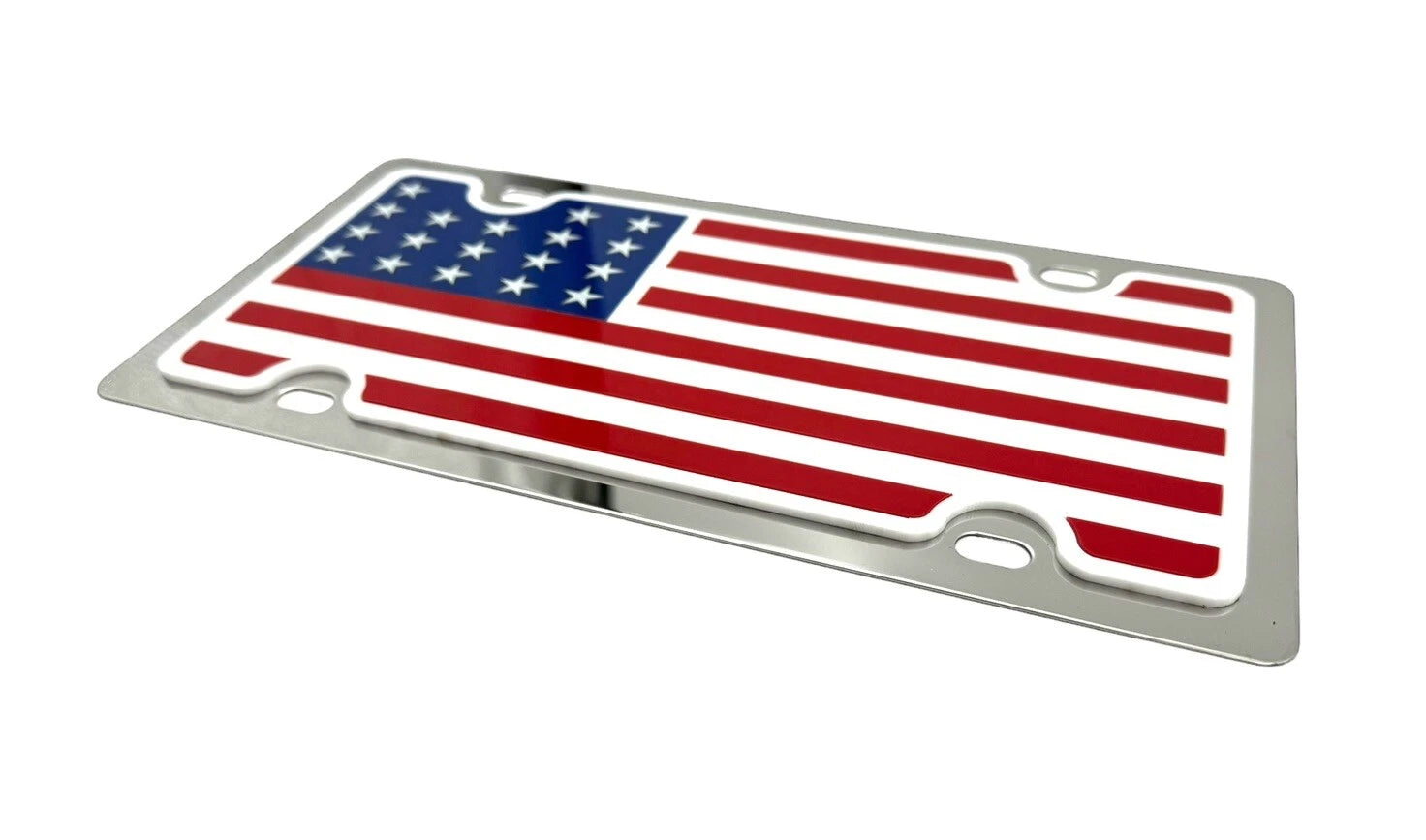 Chrome License Plate with American Flag Design for Universal Fit (Any Year)