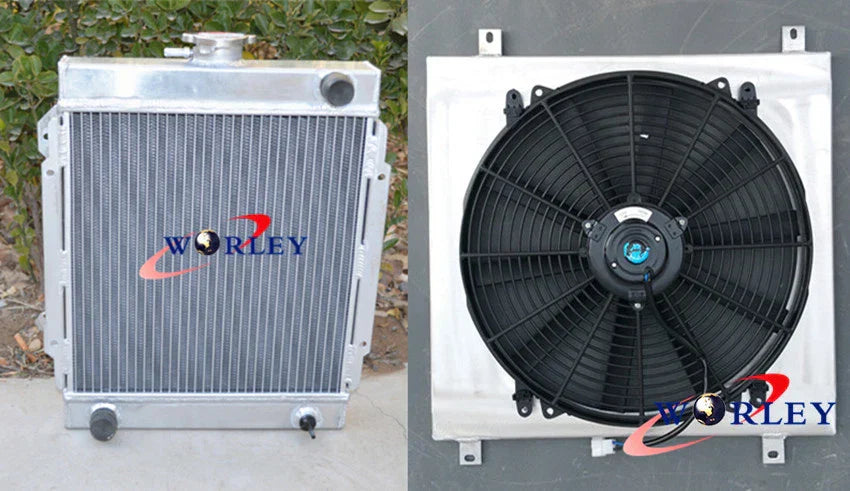 3 Row Aluminum Radiator & Fan & Red Hose for Datsun 1200 B110 (1970-1976)