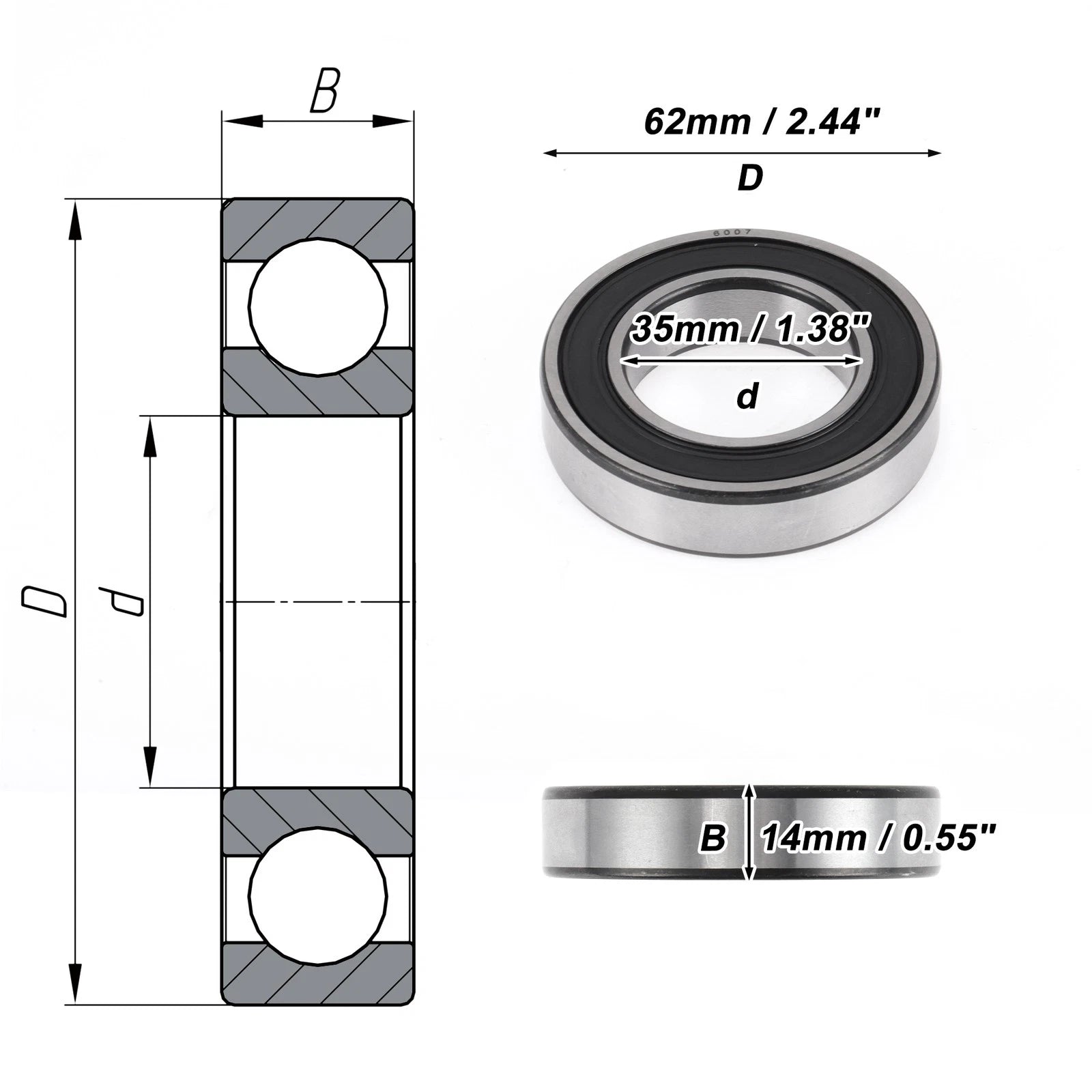 6007DDU Deep Groove Ball Bearing for Scooter Skateboard Wheel (35x62x14mm)