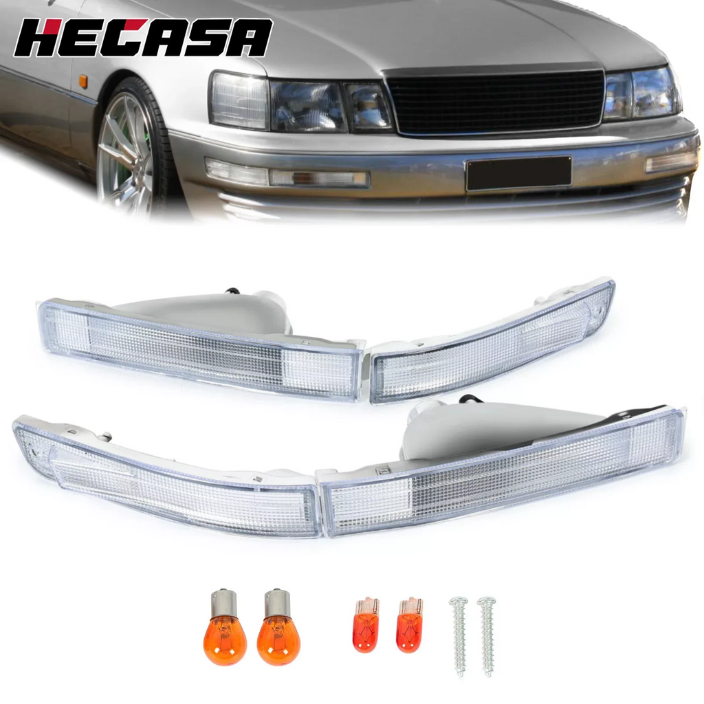 Chrome Front Bumper Signal Lights LH & RH W/Bulbs for Lexus LS400 (1990–1994)