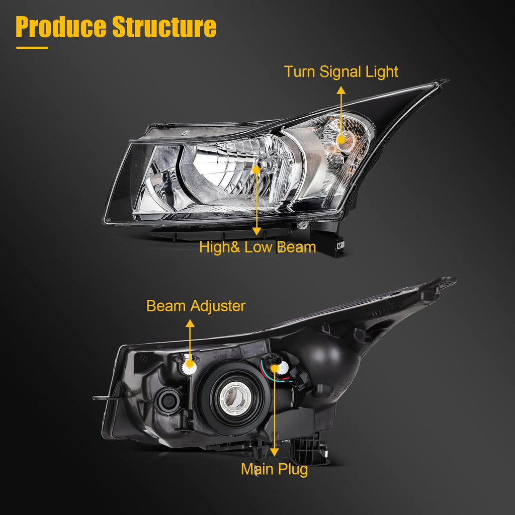 Headlight Assembly Pair for Chevy Cruze (2011–2015) Black Housing