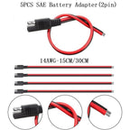 Set of 5 Black Red SAE Extension Cords 15/30cm 12V DC 14AWG Connector