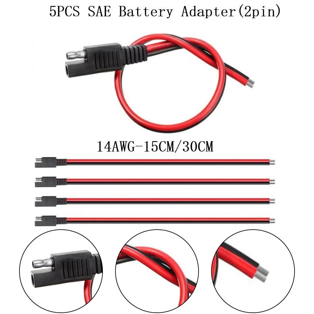 Set of 5 Black Red SAE Extension Cords 15/30cm 12V DC 14AWG Connector