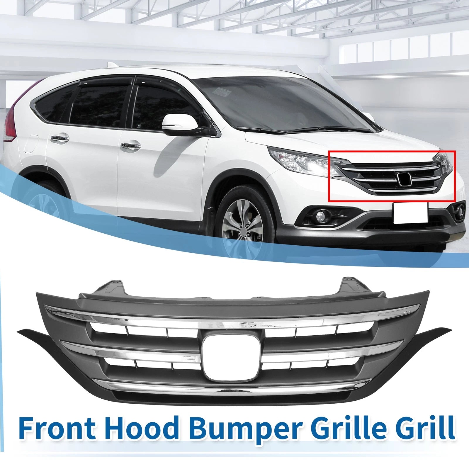 Front Upper Bumper Grille for Honda CR-V (2012–2014) Chrome Silver Tone