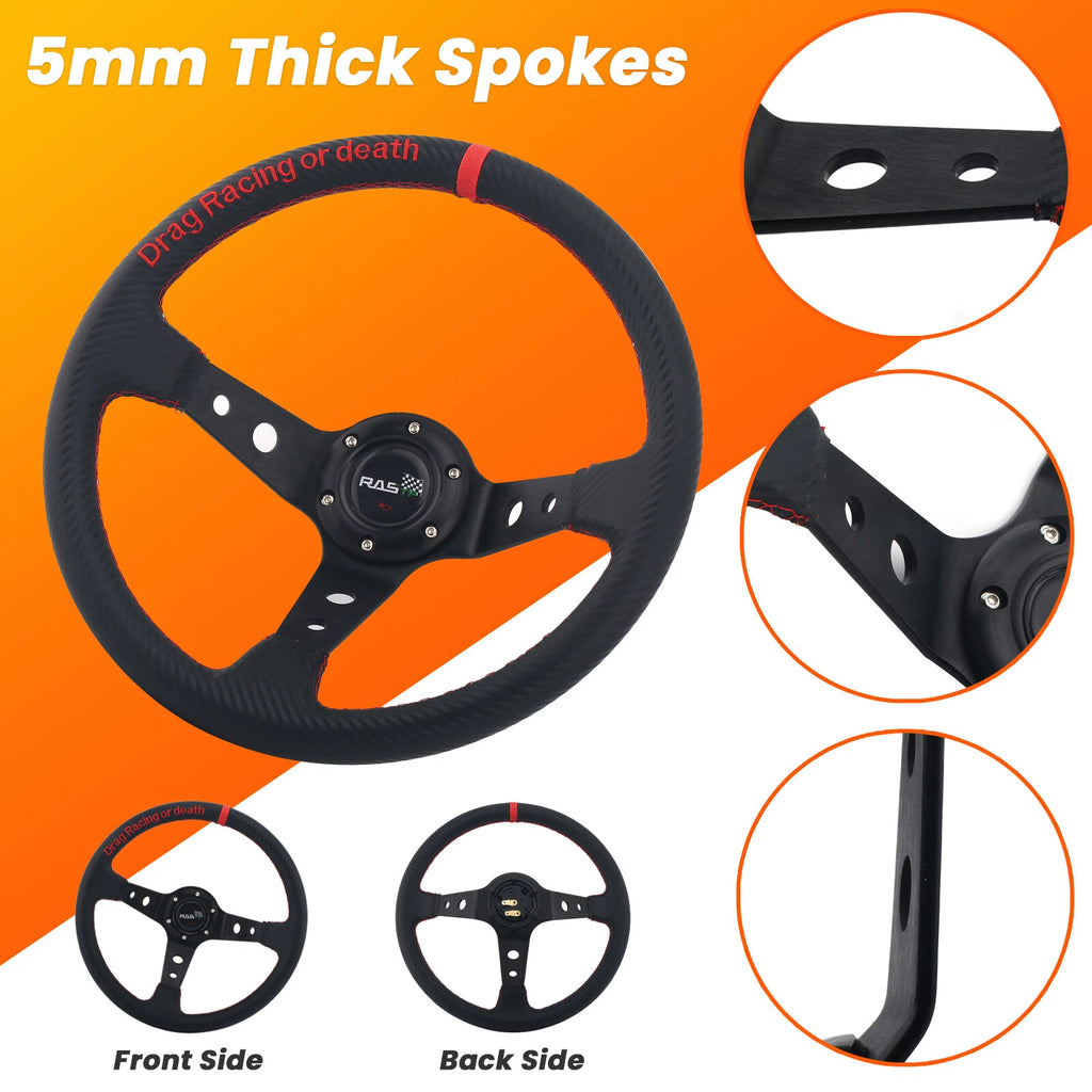 14" 345mm Universal 3.5" Deep Dish Carbon Fiber Leather Steering Wheel